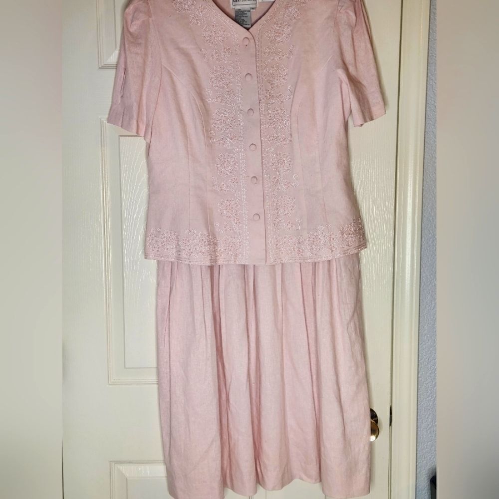 Vtg Karin Stevens 14 PastelPink LINENBlendFaux2Piece Women Midi Embroidery Dress - Picture 1 of 13
